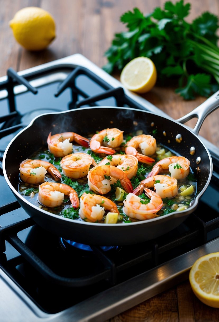 A sizzling skillet of shrimp, garlic, and herbs cooking on a stovetop, with a lemon wedge and parsley nearby