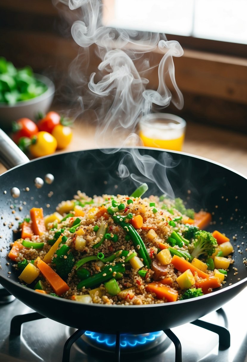 A sizzling wok filled with colorful vegetables, quinoa, and teriyaki sauce, steam rising as the stir fry is being prepared