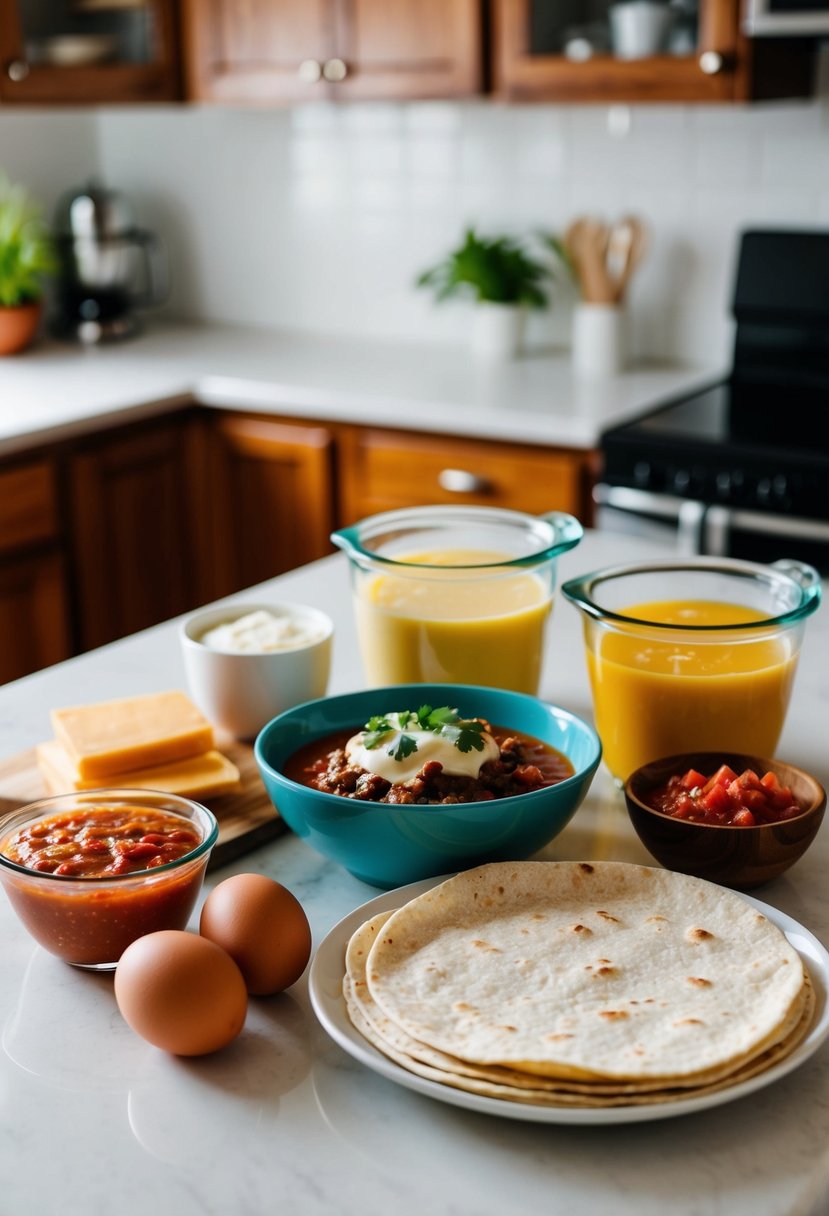 A kitchen counter with ingredients like eggs, cheese, tortillas, and salsa laid out for making a quick breakfast burrito