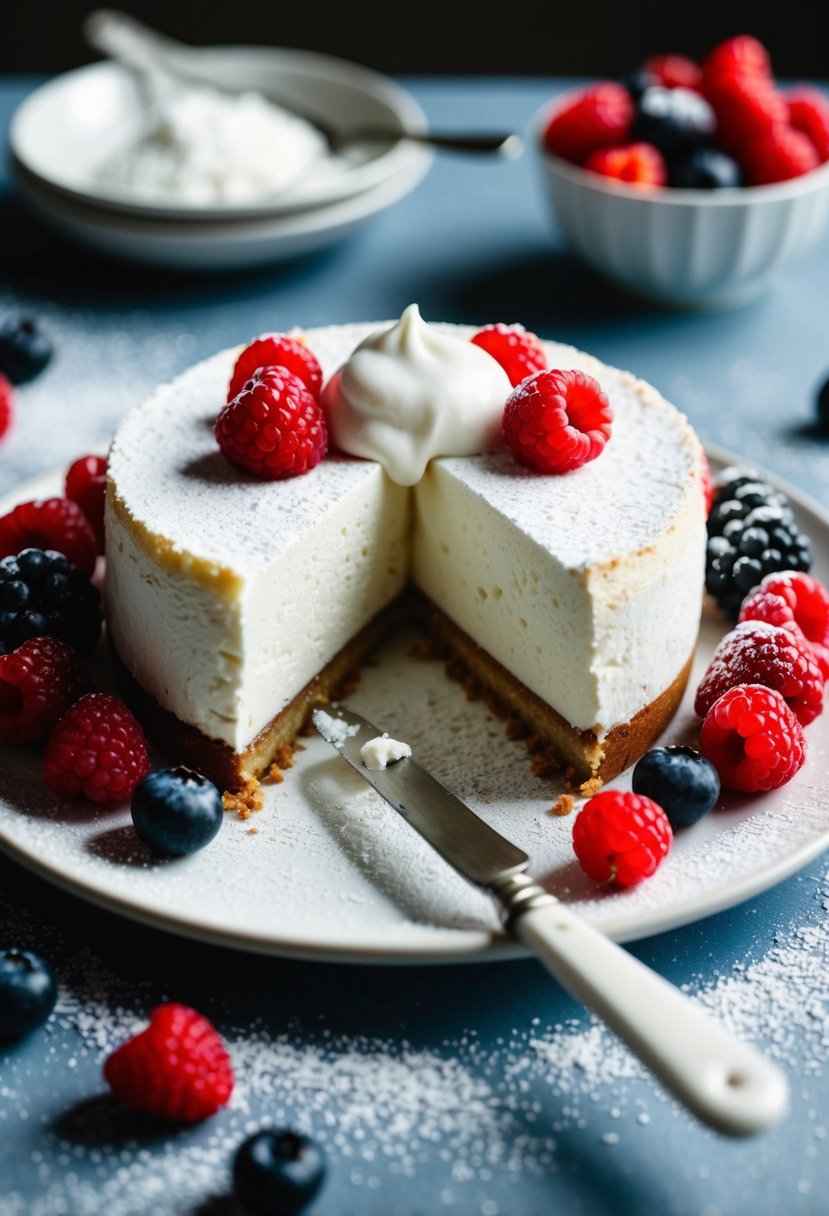 A no-crust quark cheesecake being sliced with a dollop of quark on top, surrounded by fresh berries and a dusting of powdered sugar