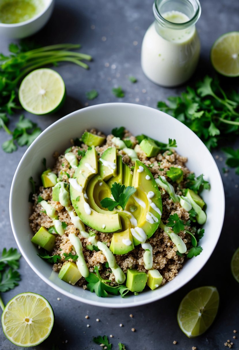 A vibrant bowl of quinoa and avocado salad drizzled with zesty lime vinaigrette, surrounded by fresh ingredients and a sprinkle of herbs