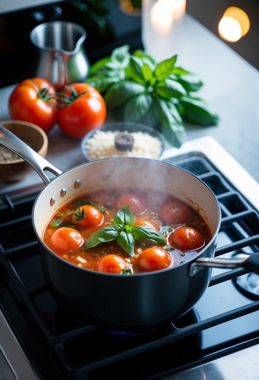 A pot simmering on a stove with tomatoes, basil, and other ingredients arranged nearby