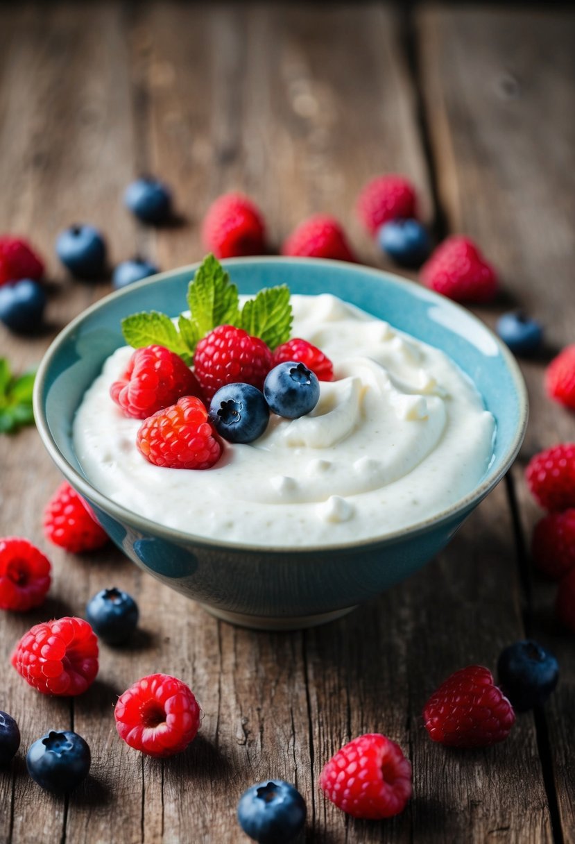 A bowl of creamy quark topped with a colorful assortment of fresh berries, scattered on a rustic wooden table