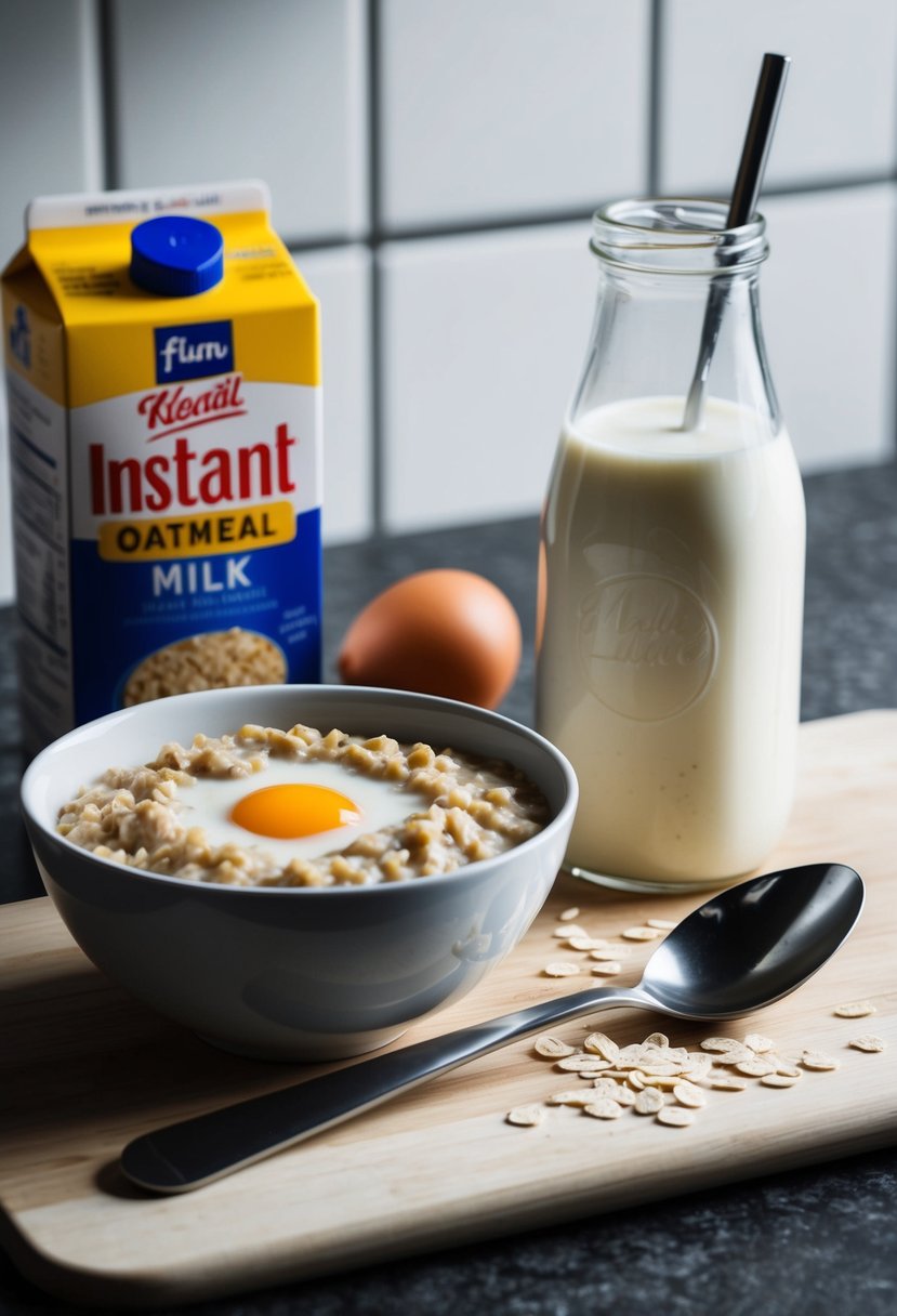 A bowl of instant oatmeal, a carton of milk, a cracked egg, and a mixing spoon on a kitchen counter