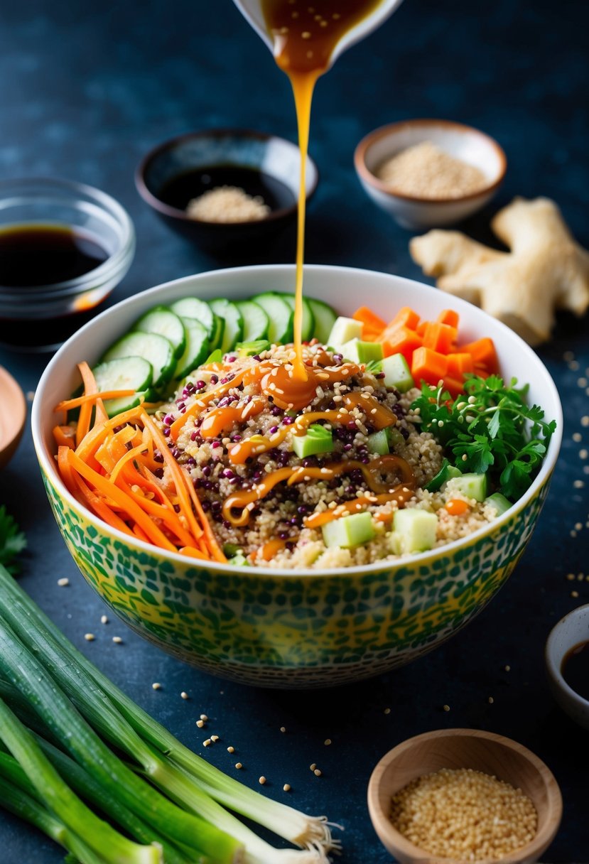 A colorful bowl of quinoa salad with fresh vegetables and a drizzle of sesame dressing, surrounded by Asian-inspired ingredients like soy sauce, ginger, and sesame seeds