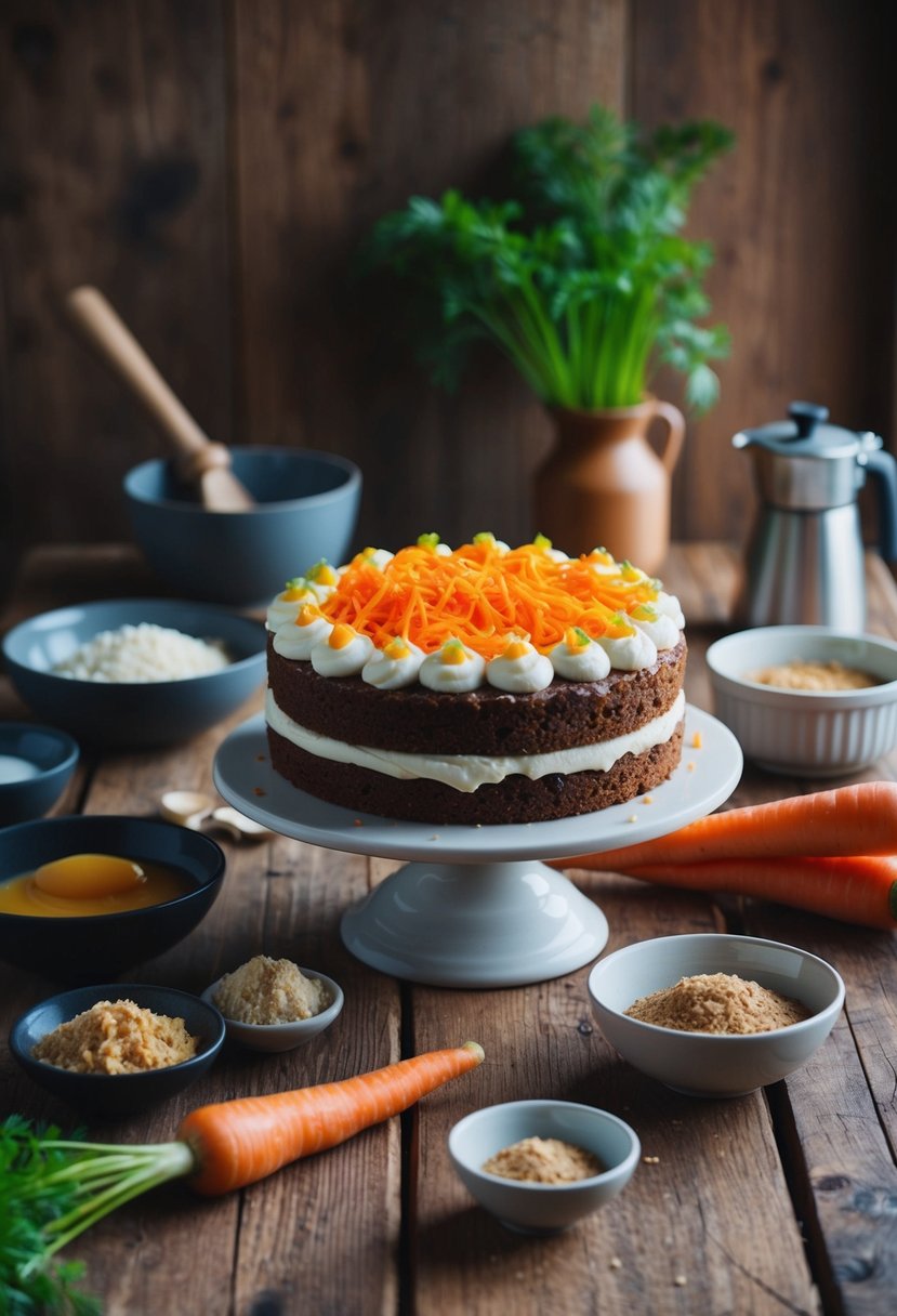 A quark-based carrot cake being prepared in a rustic kitchen with ingredients laid out on a wooden table