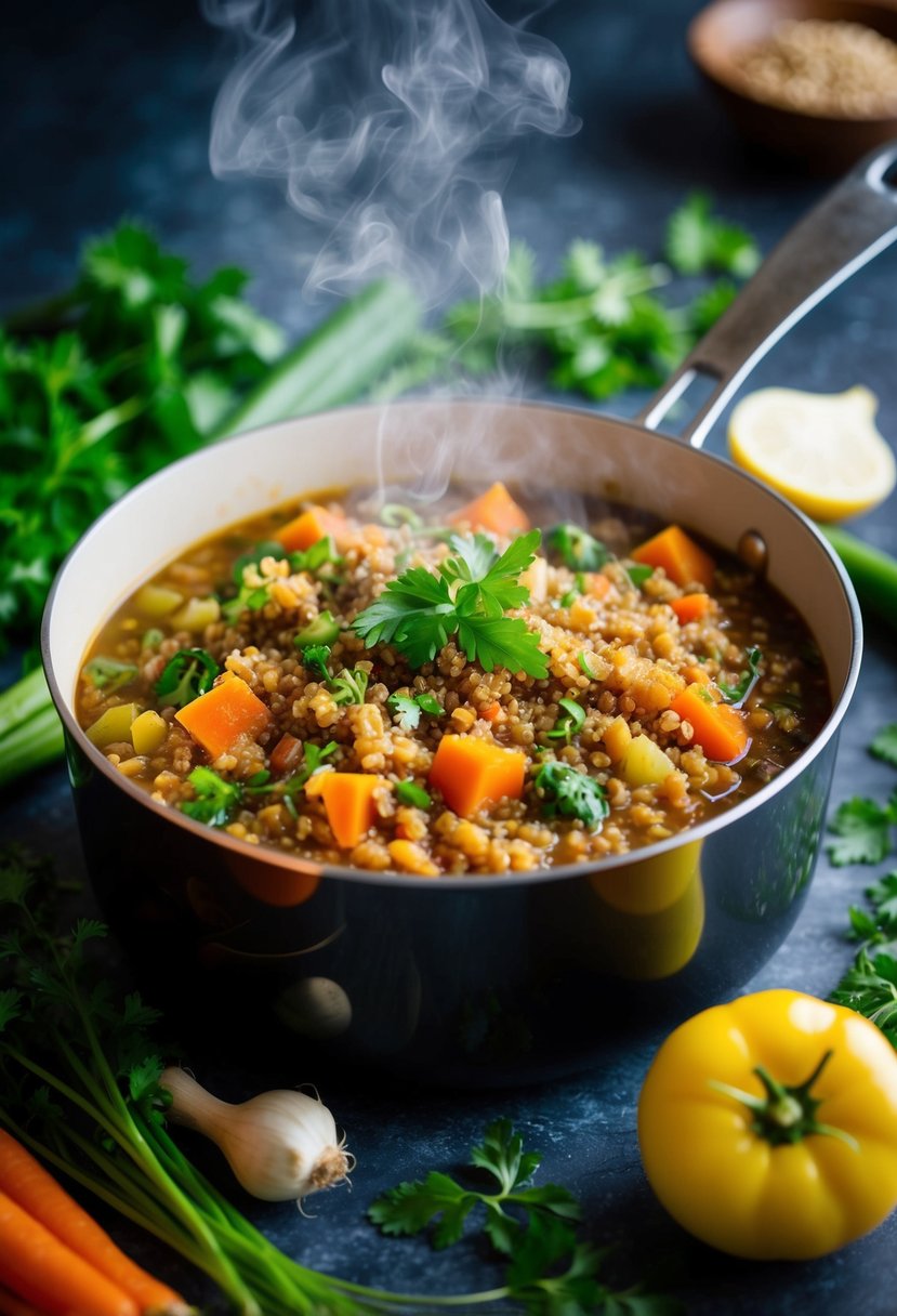 A steaming pot of hearty quinoa and lentil stew surrounded by fresh vegetables and herbs