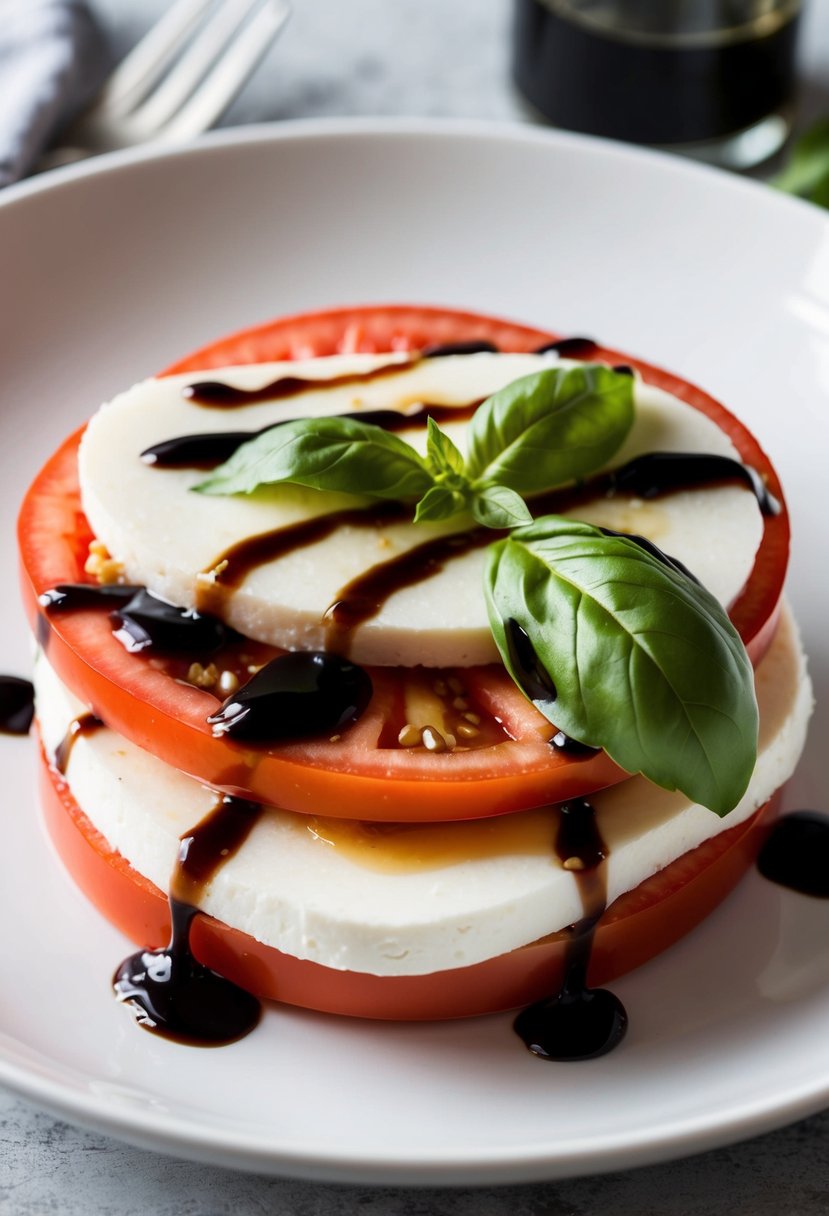 A white plate with layers of sliced tomatoes, fresh mozzarella, and basil leaves, drizzled with balsamic glaze