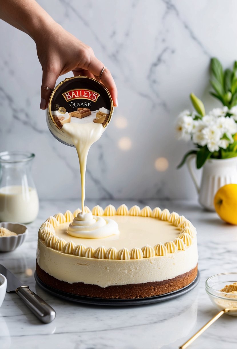 A creamy Baileys cheesecake being prepared with quark and other ingredients on a marble countertop