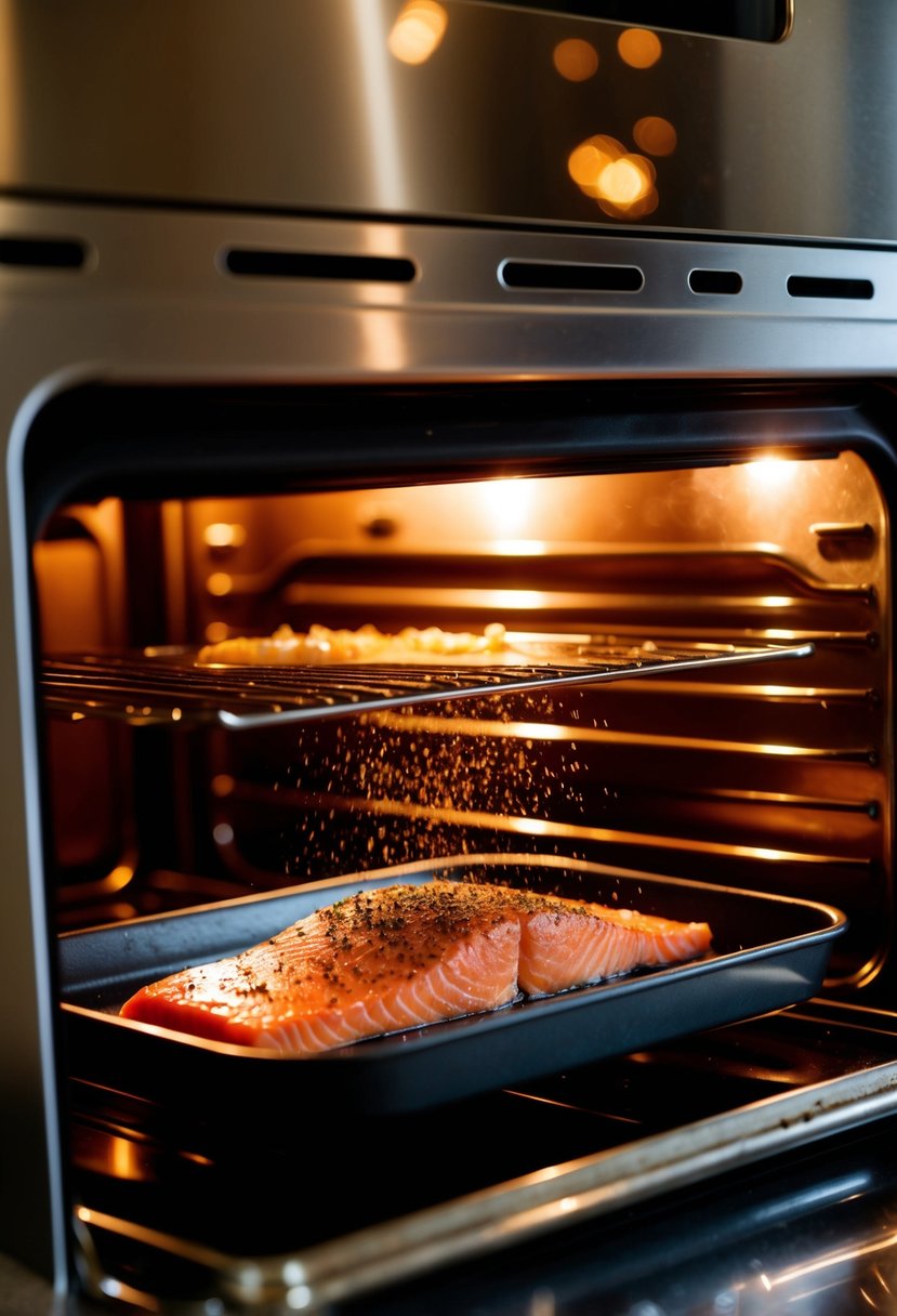 A salmon fillet being quickly seasoned and placed in a hot oven