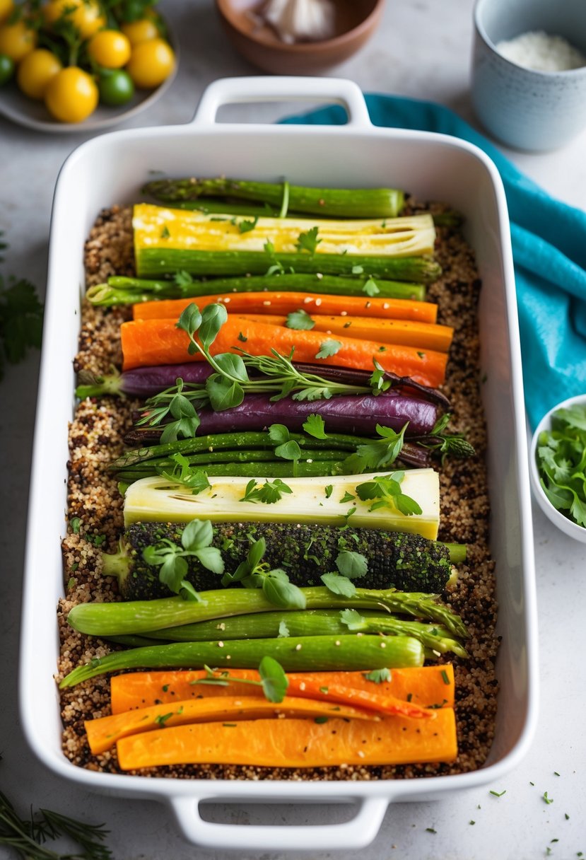 A colorful array of roasted vegetables and quinoa arranged in a baking dish, fresh herbs sprinkled on top