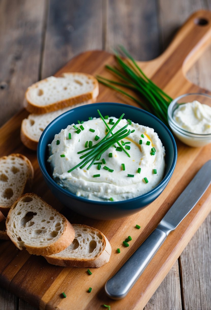 A wooden cutting board with a bowl of creamy quark spread, garnished with fresh chives, surrounded by slices of crusty bread and a small knife