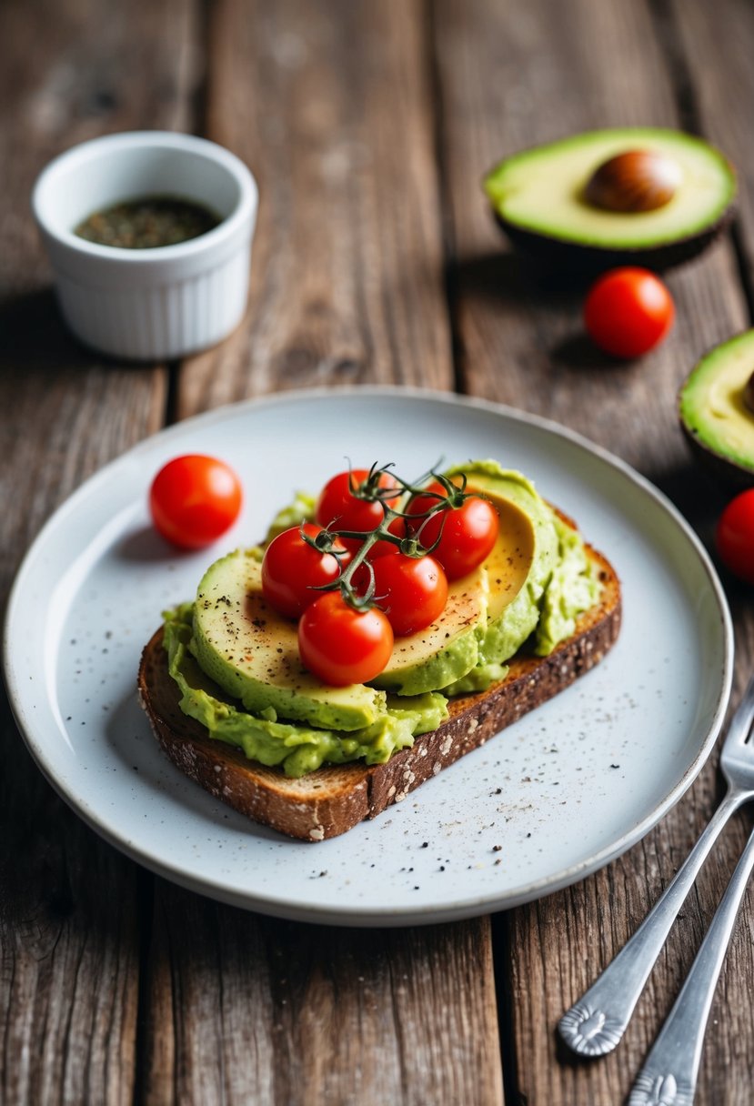 A rustic wooden table with a plate of smashed avocado toast, topped with cherry tomatoes and a sprinkle of black pepper