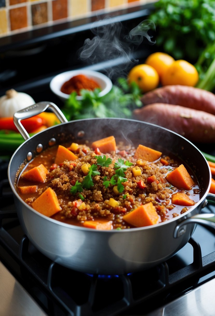 A steaming pot of quinoa chili with sweet potatoes simmering on a stovetop, surrounded by colorful vegetables and spices