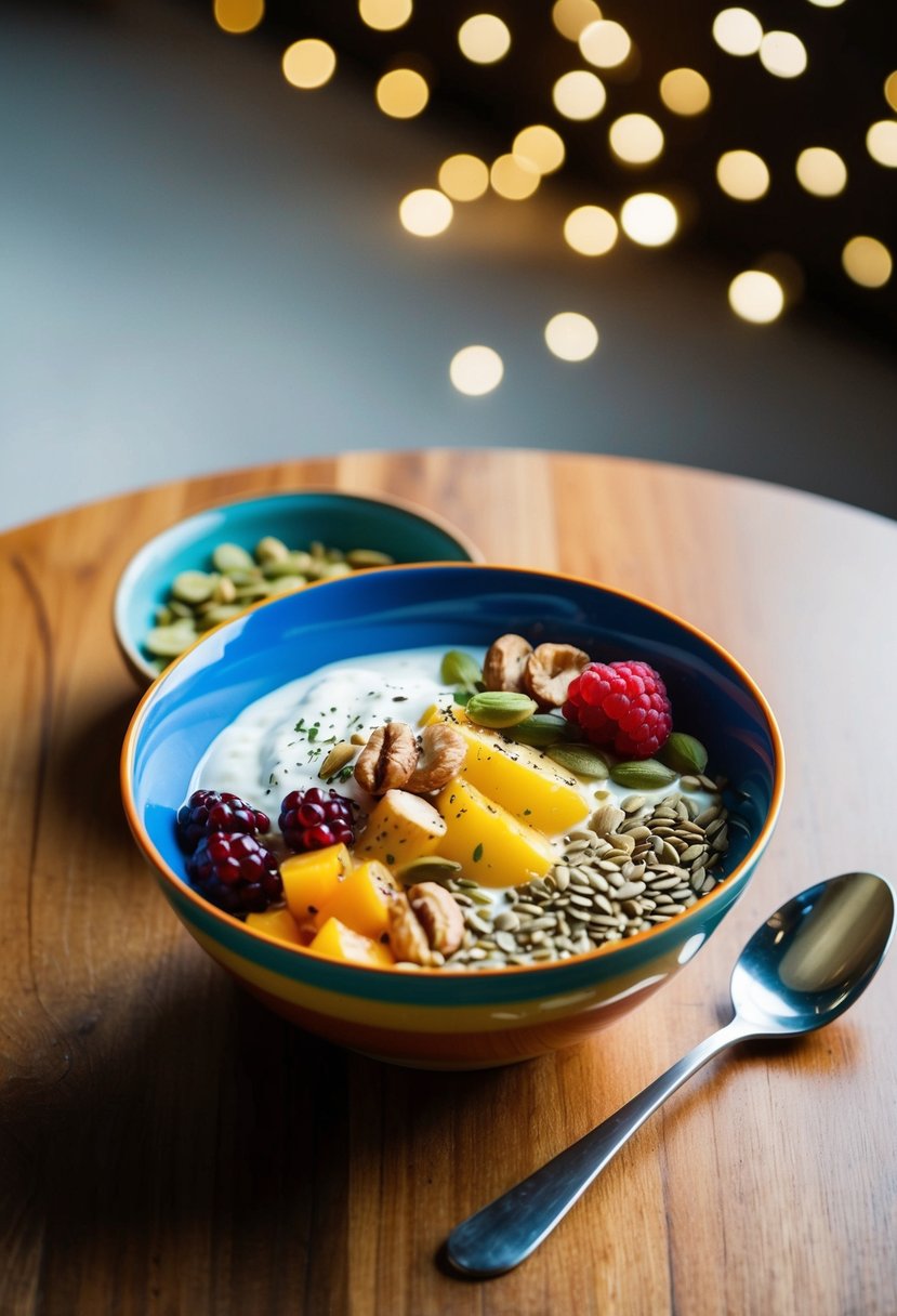 A colorful breakfast bowl filled with quark, fresh fruit, nuts, and seeds, sitting on a wooden table with a spoon beside it