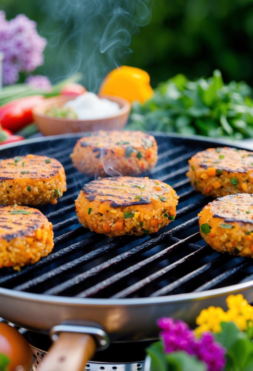 A sizzling BBQ grill with quinoa sweet potato burgers cooking, surrounded by colorful vegan ingredients and herbs