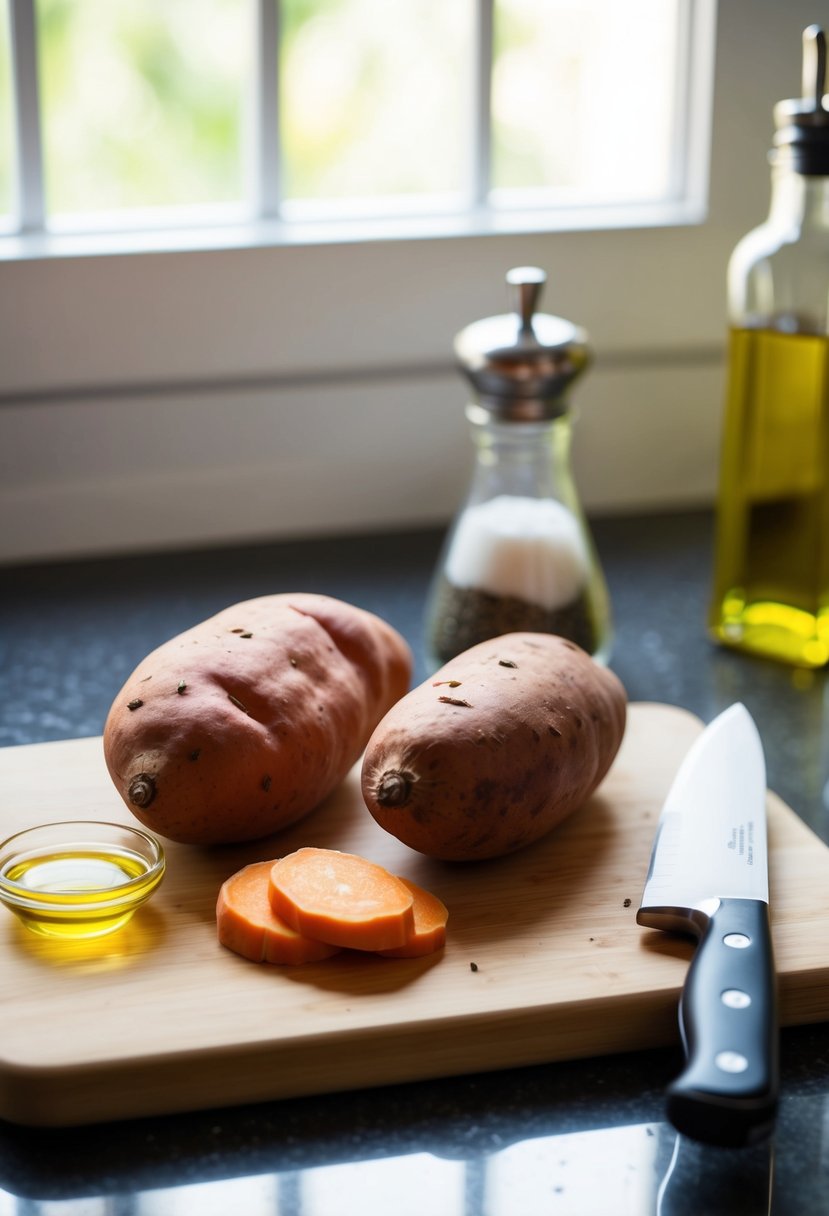 Fresh sweet potatoes, a sharp knife, and a cutting board on a clean kitchen counter. Oil, salt, and pepper nearby