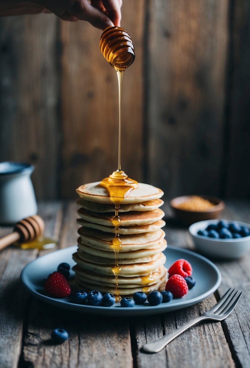 A stack of quark pancakes with berries and a drizzle of honey on a rustic wooden table