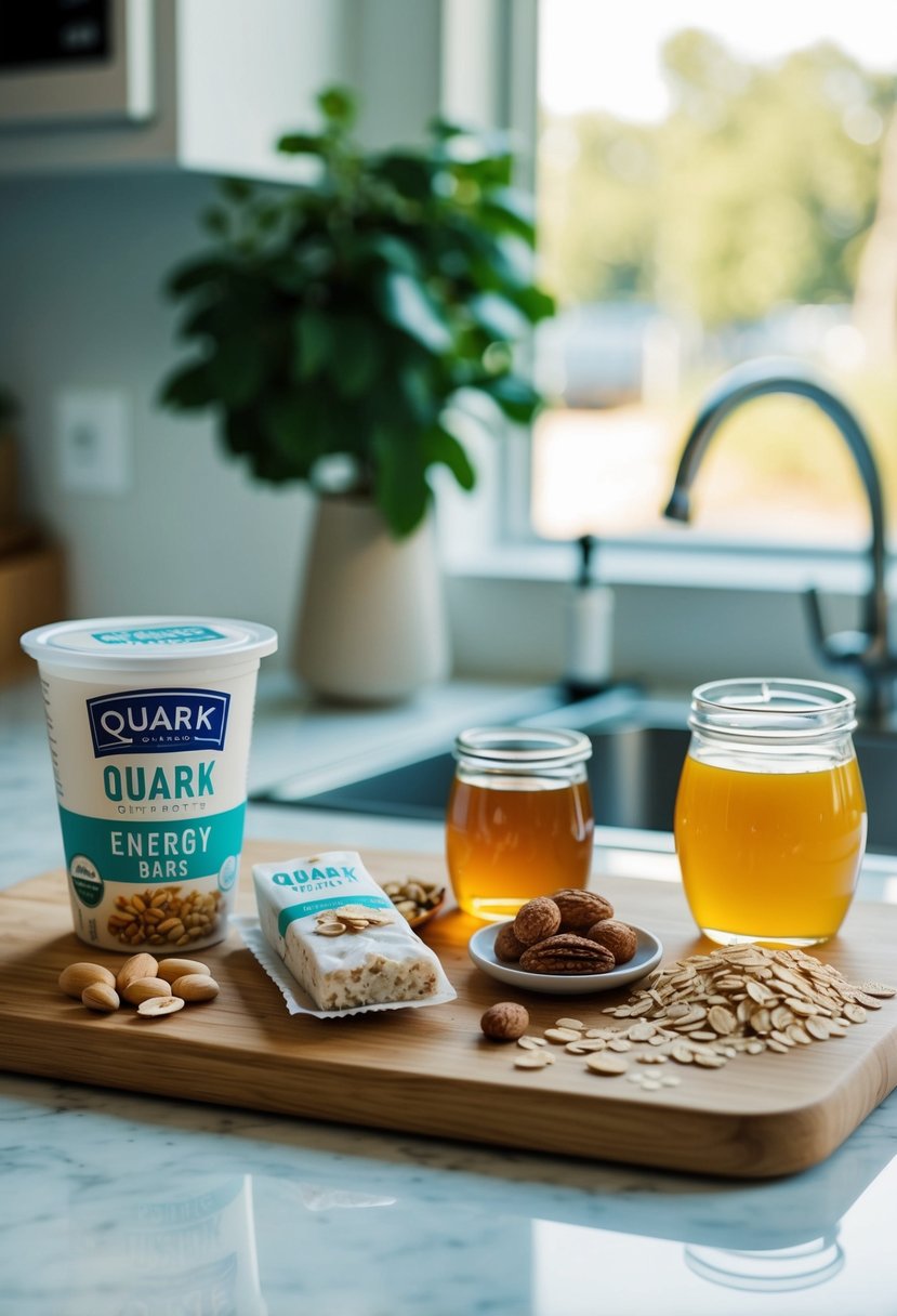 A kitchen counter with ingredients for Quark and Oatmeal Energy Bars laid out, including quark, oats, nuts, and honey