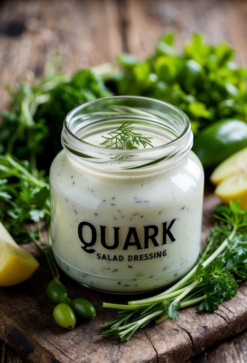 A glass jar of quark salad dressing surrounded by fresh herbs and vegetables on a rustic wooden table