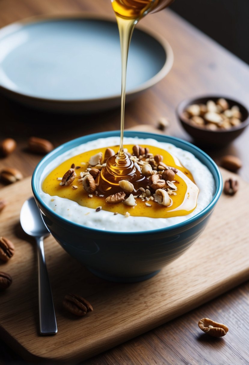 A bowl of quark topped with drizzled honey and sprinkled nuts on a wooden table