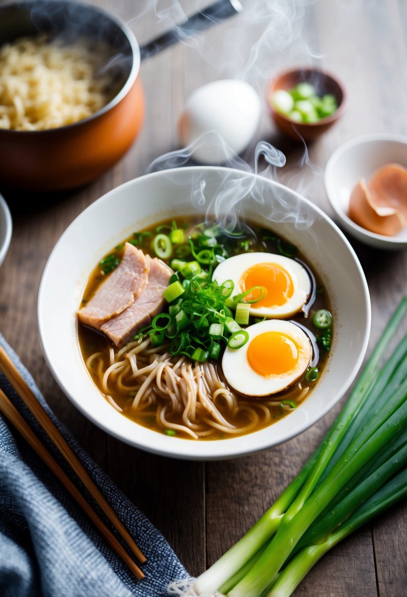 A steaming bowl of ramen surrounded by ingredients like pork, green onions, and eggs, with chopsticks resting on the side