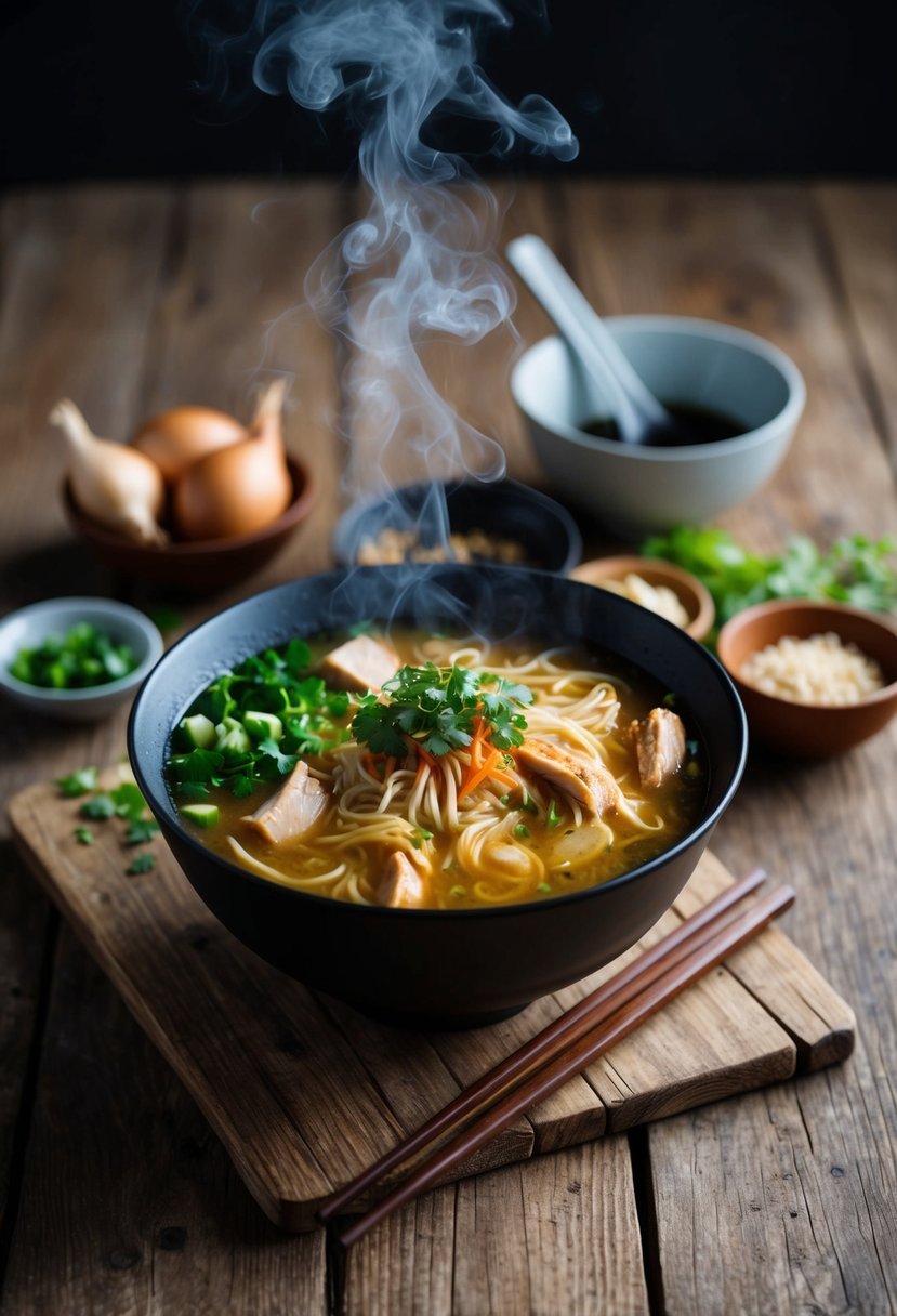 A steaming bowl of savory chicken ramen surrounded by fresh ingredients and chopsticks on a rustic wooden table