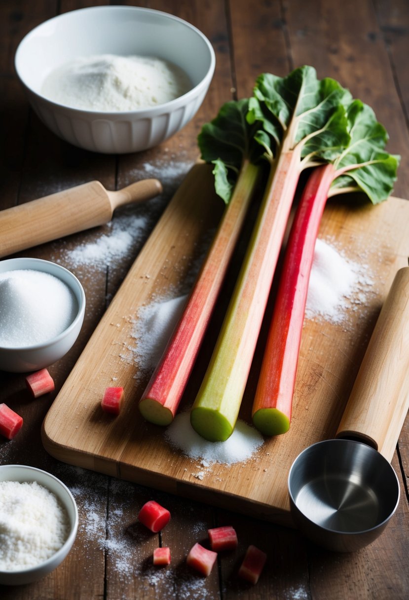 Fresh rhubarb stalks on a wooden cutting board, surrounded by scattered sugar, flour, and a rolling pin. A mixing bowl and measuring cups sit nearby