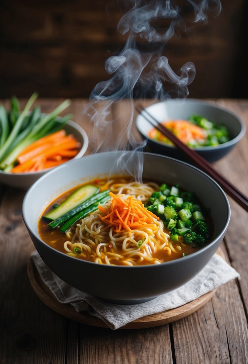 Steaming bowl of saucy vegan ramen with colorful vegetables and chopsticks on a wooden table