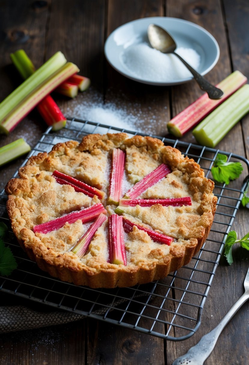 A rustic kitchen table with a freshly baked rhubarb crisp cooling on a wire rack, surrounded by stalks of rhubarb and a scattering of sugar