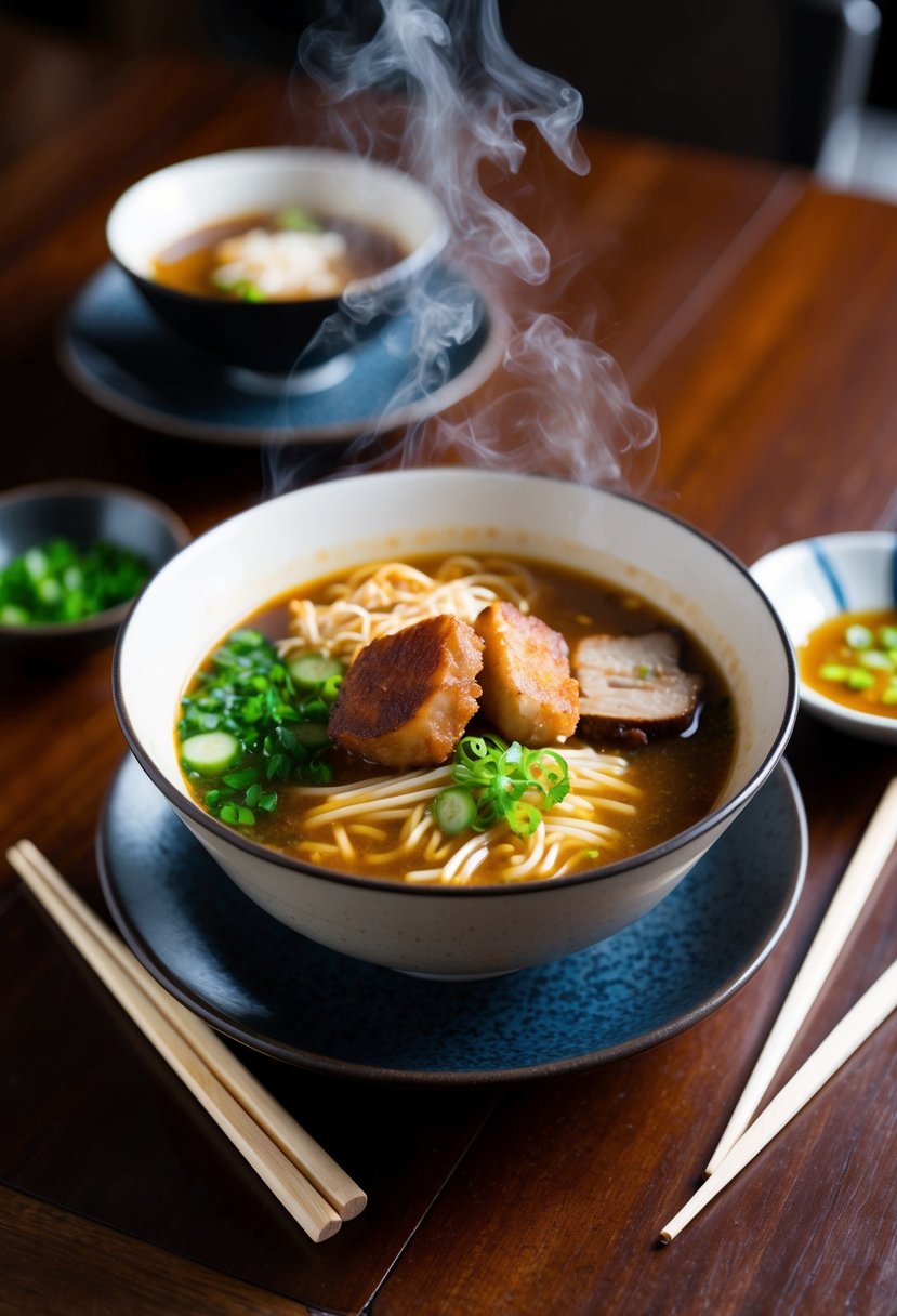 A steaming bowl of classic Tonkatsu Ramen sits on a wooden table, surrounded by chopsticks and a spoon. The rich broth and toppings are artfully arranged, ready to be enjoyed