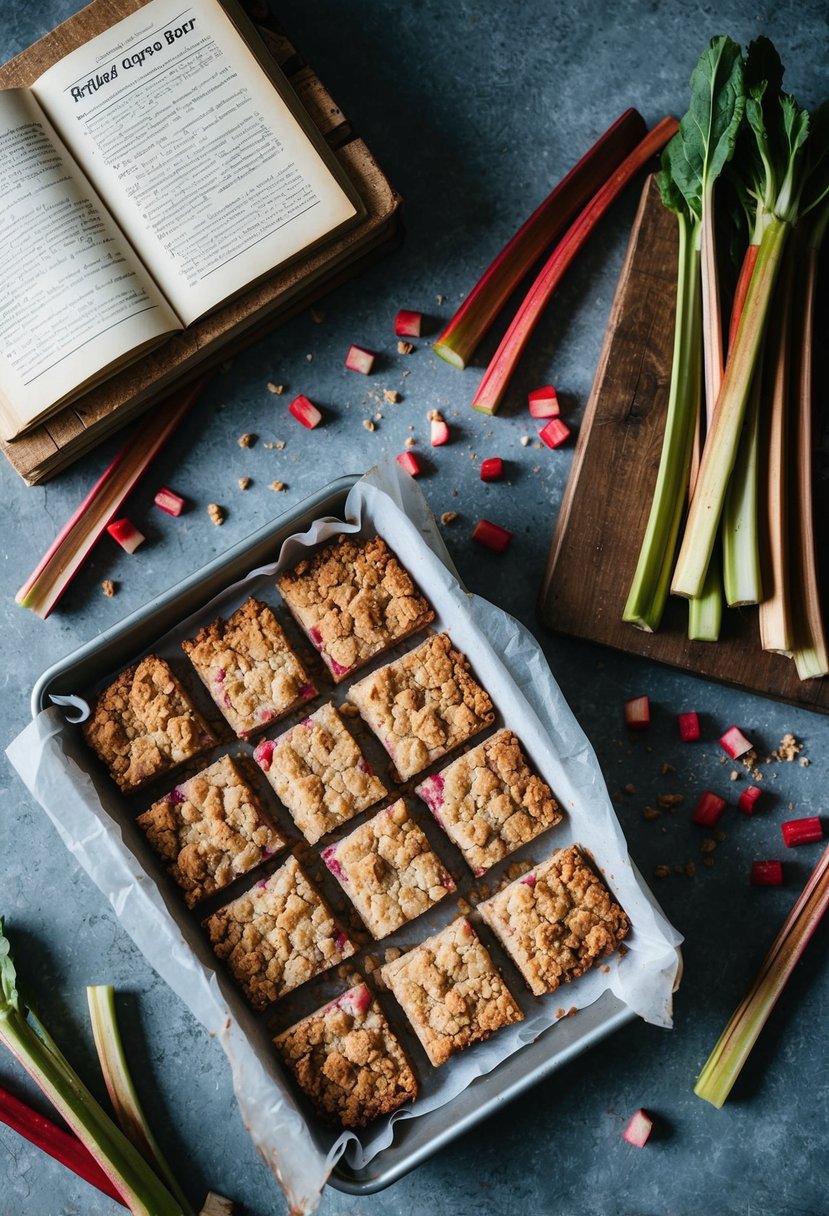 A rustic kitchen counter with a tray of freshly baked rhubarb crumble bars surrounded by scattered stalks of rhubarb and a vintage recipe book