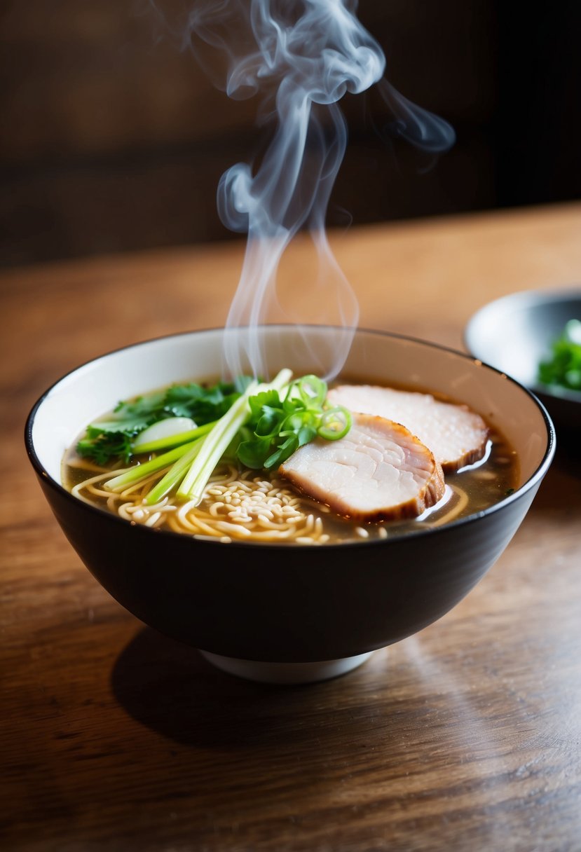 A steaming bowl of miso ramen sits on a wooden table, garnished with a drizzle of fragrant sesame oil and topped with fresh green onions and slices of tender pork