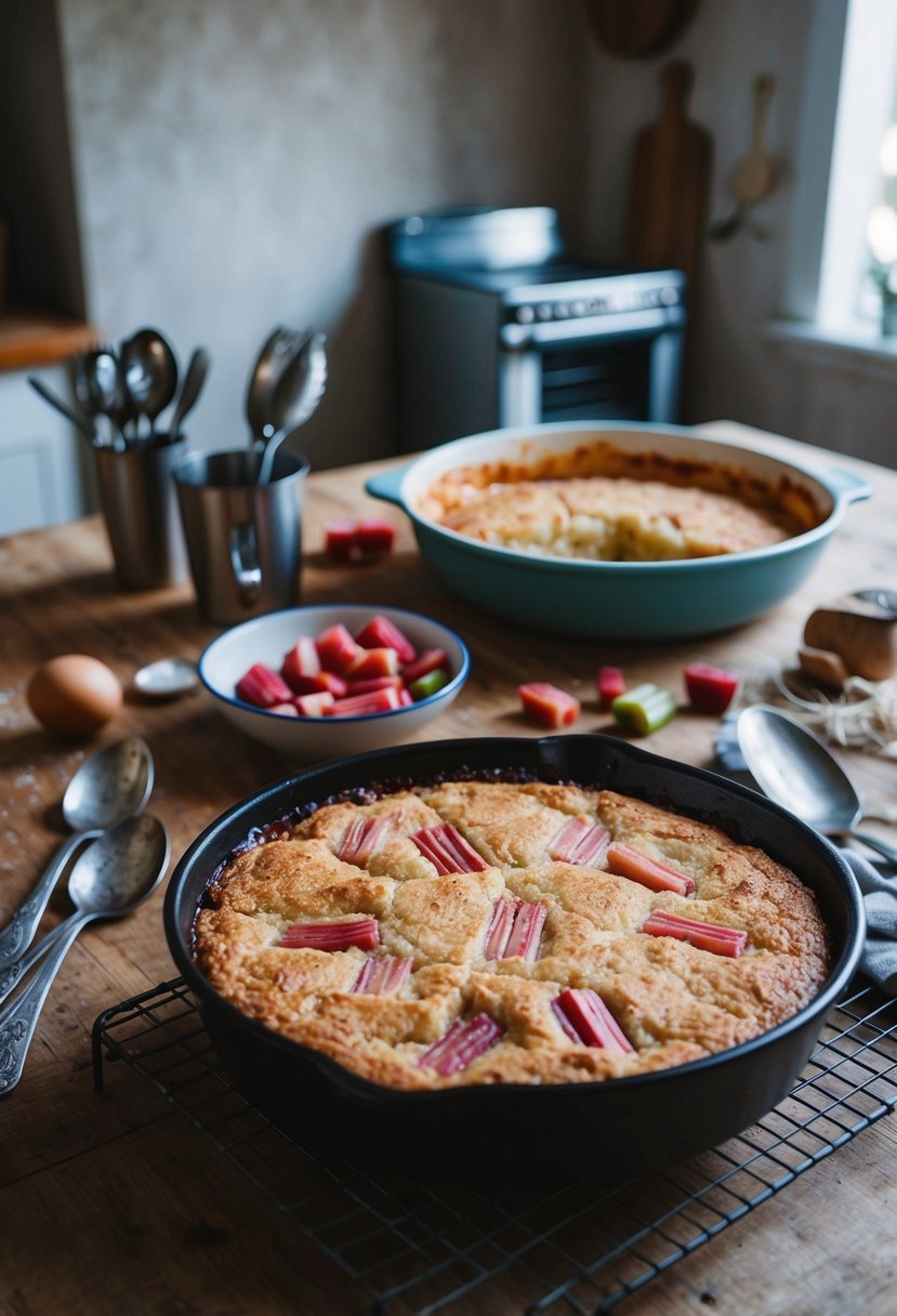 A rustic kitchen table with a bubbling rhubarb cobbler fresh from the oven, surrounded by scattered ingredients and vintage baking utensils