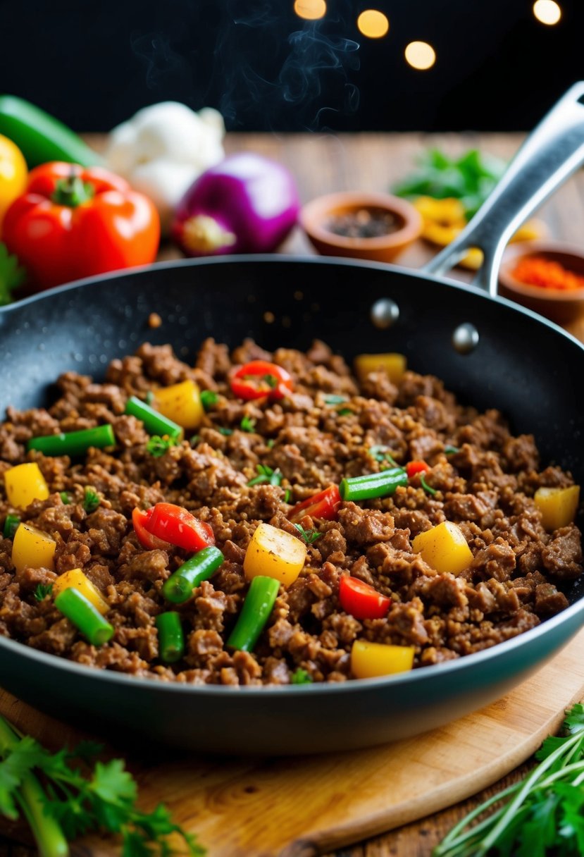 A sizzling skillet of ground beef with colorful vegetables and aromatic spices