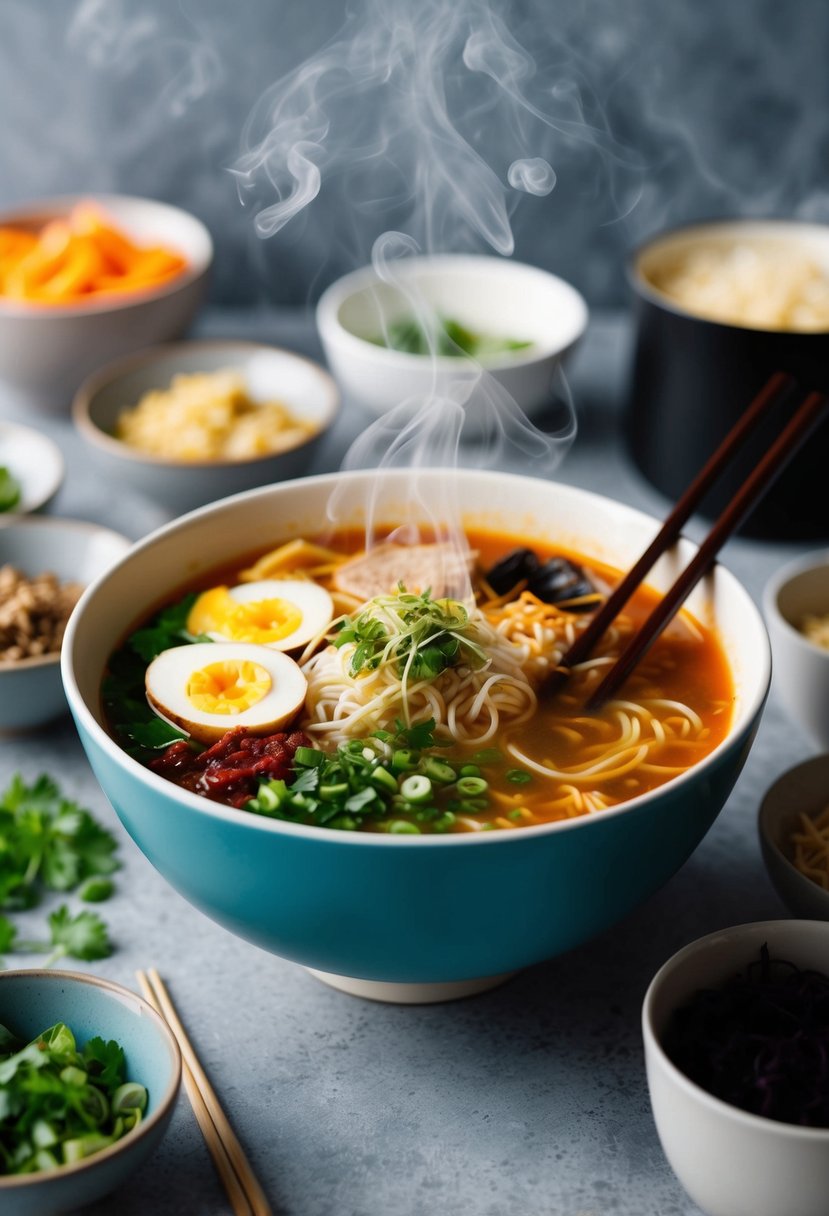 A steaming bowl of colorful, Instagram-worthy ramen surrounded by fresh ingredients and trendy garnishes