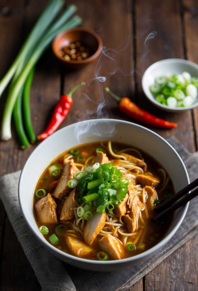 A steaming bowl of caramelized soy chicken ramen surrounded by fresh green onions and sliced chili peppers on a rustic wooden table