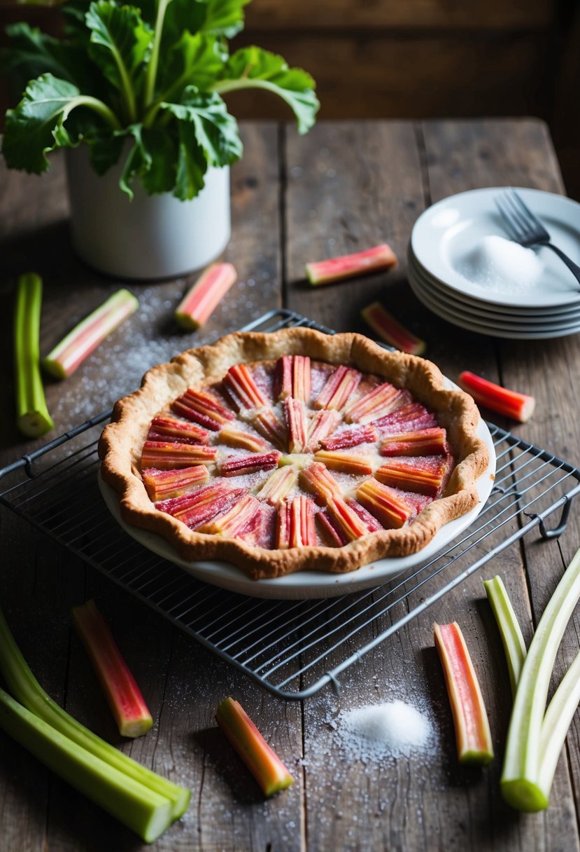 A rustic kitchen table with a freshly baked rhubarb pie cooling on a wire rack, surrounded by stalks of rhubarb and a scattering of sugar