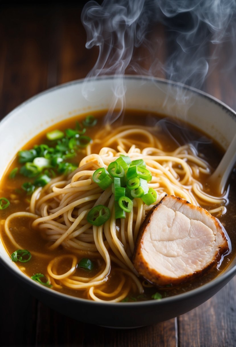 A steaming bowl of ramen with rich, flavorful broth and perfectly cooked noodles, garnished with green onions and a slice of tender pork