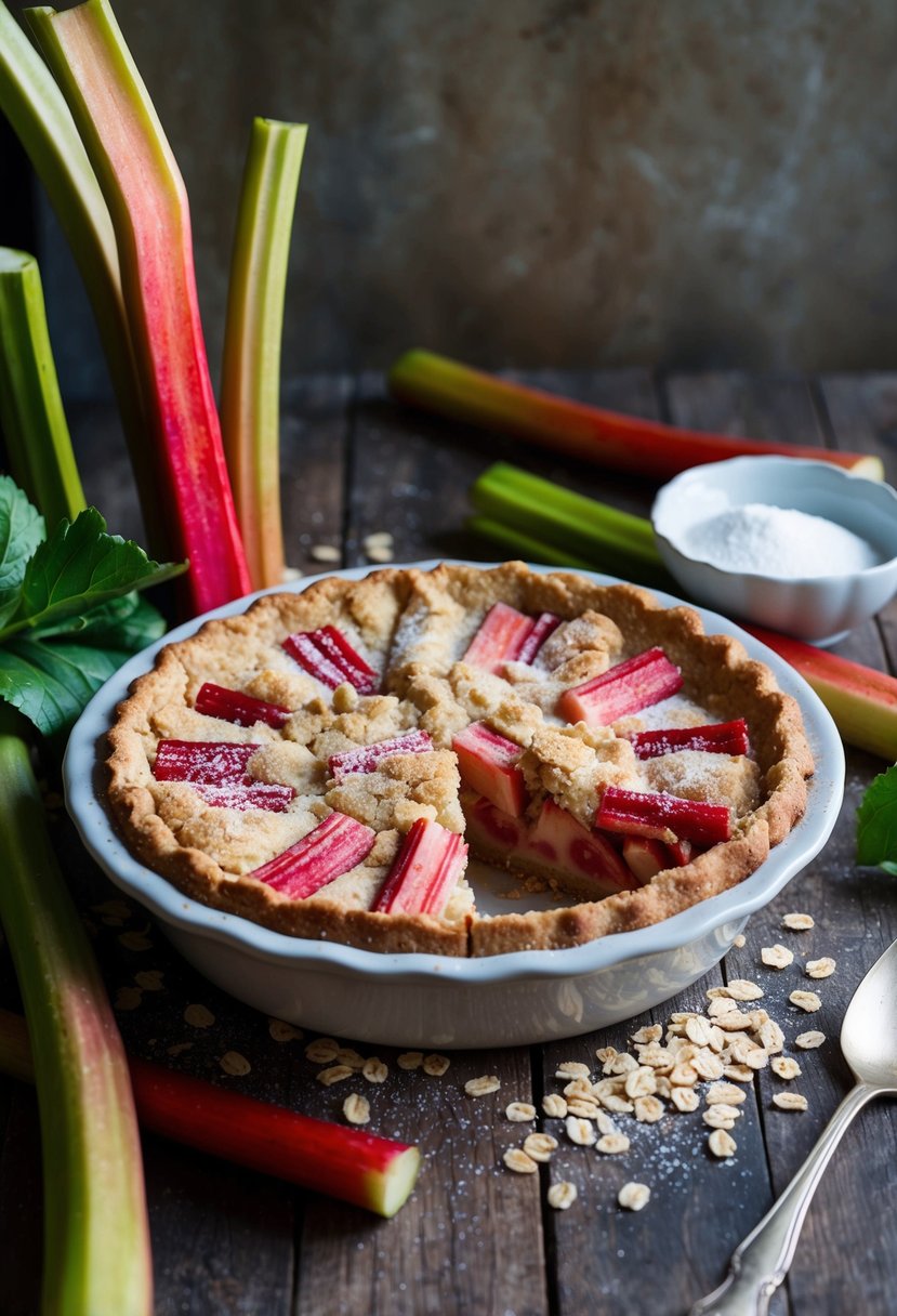 A rustic kitchen with a vintage pie dish filled with freshly baked rhubarb crunch, surrounded by stalks of vibrant rhubarb and a scattering of sugar and oats