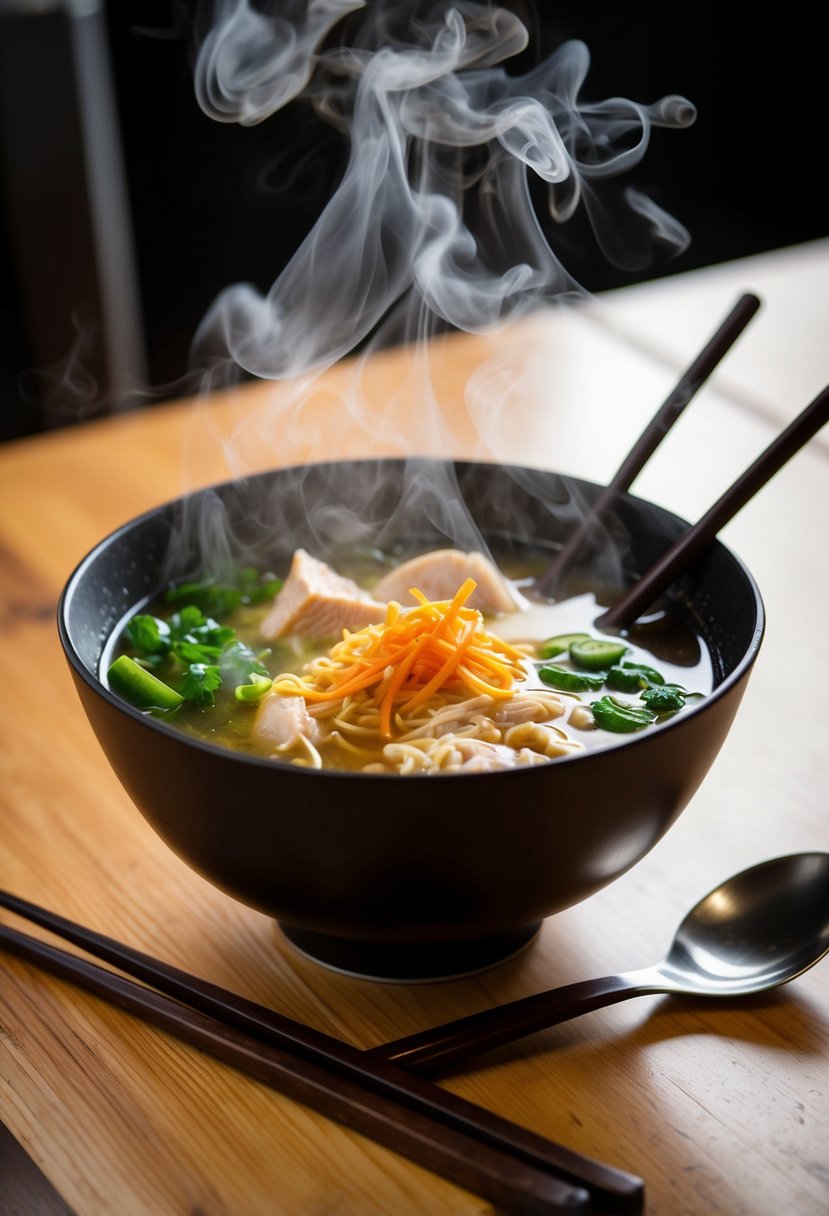 A steaming bowl of chicken and vegetable ramen sits on a wooden table, surrounded by chopsticks and a spoon. Steam rises from the bowl, and the ingredients are visible through the clear broth