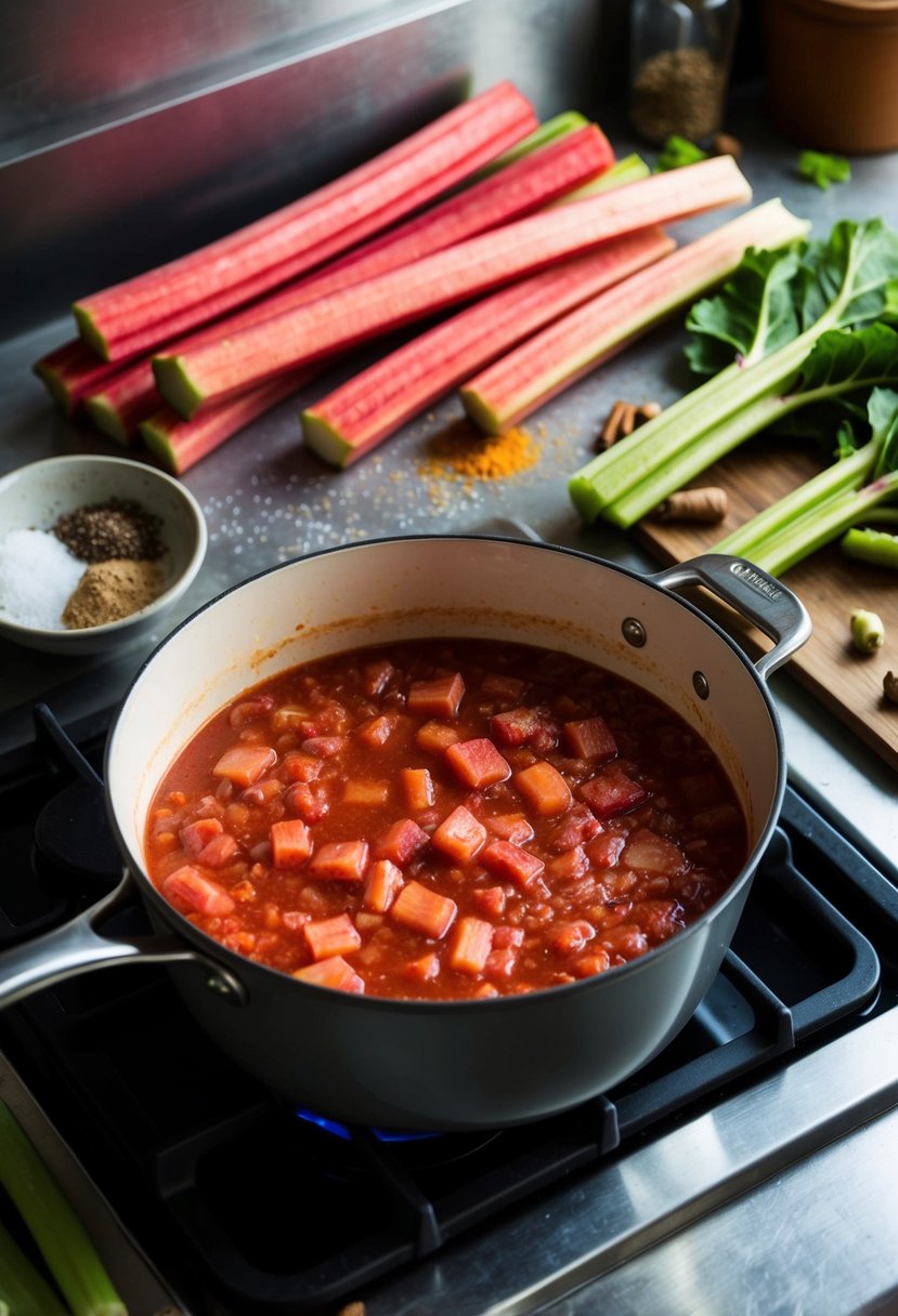 A rustic kitchen with a bubbling pot of rhubarb sauce simmering on the stove, surrounded by fresh rhubarb stalks and a scattering of sugar and spices