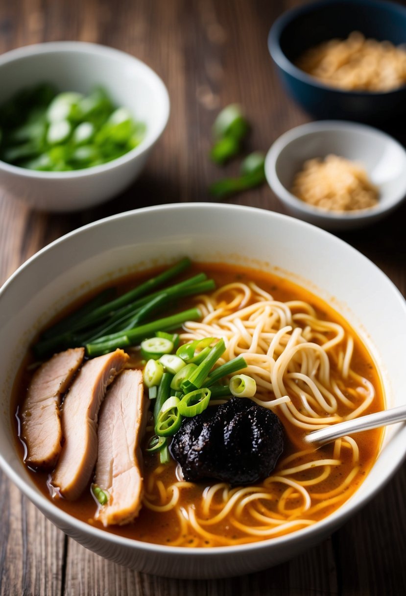 A steaming bowl of Spicy Miso Ramen Soup with noodles, sliced pork, green onions, and a dollop of spicy miso paste