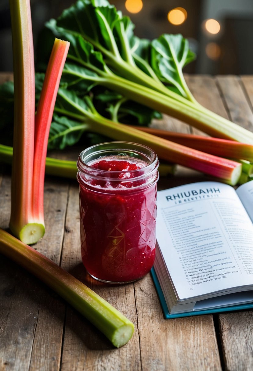 A rustic kitchen table with a jar of homemade rhubarb jam, surrounded by fresh rhubarb stalks and a recipe book open to rhubarb recipes