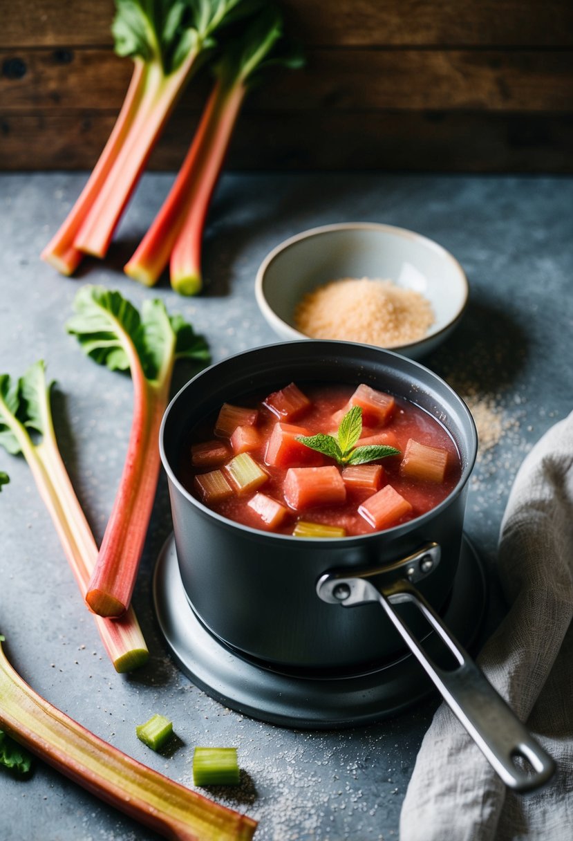 A rustic kitchen counter with a simmering pot of rhubarb compote surrounded by fresh rhubarb stalks and scattered sugar