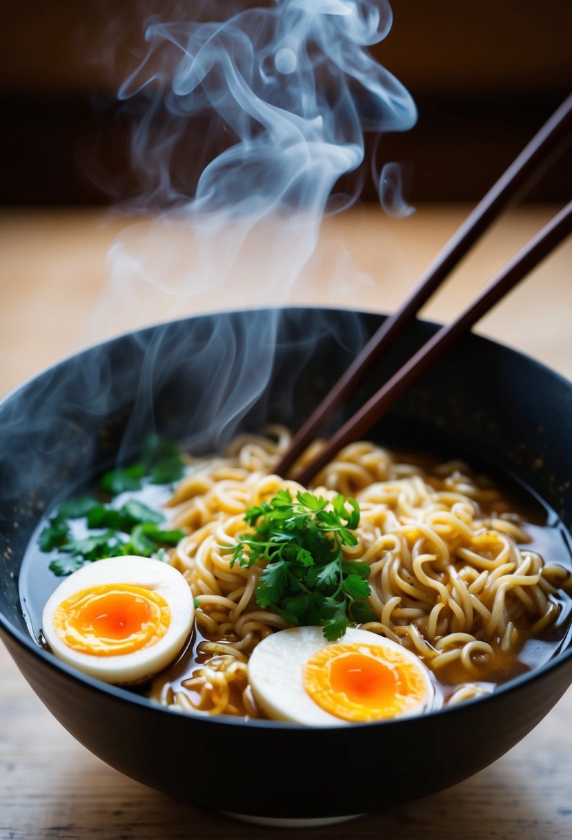 A steaming bowl of ramen with marinated ramen eggs, chopsticks resting on the side