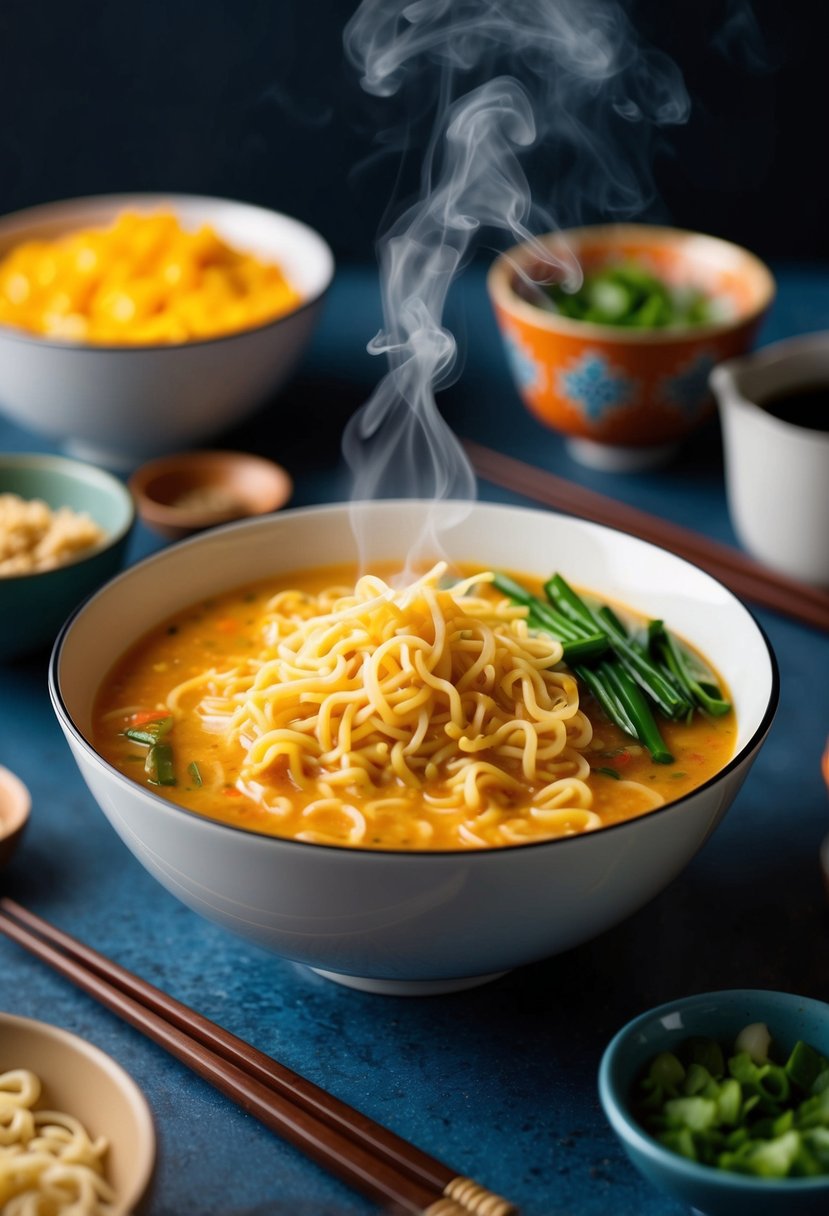 A steaming bowl of cheesy ramen noodles surrounded by colorful ingredients and chopsticks