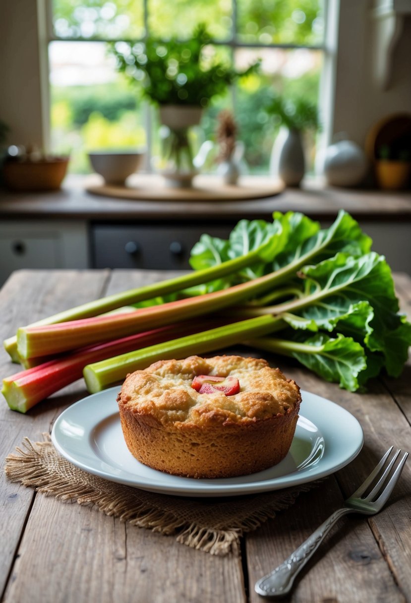 A rustic kitchen table with a freshly baked rhubarb buckle and a pile of rhubarb stalks