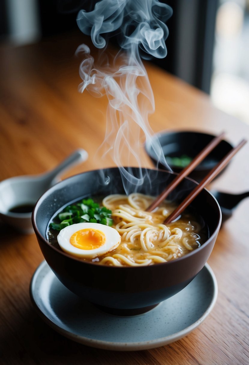 A steaming bowl of garlic and egg ramen with chopsticks on the side