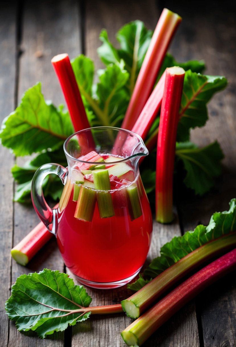 A pitcher of rhubarb cordial surrounded by fresh rhubarb stalks and leaves on a rustic wooden table